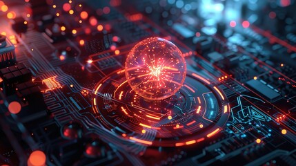 High tech server visualization, displaying particle data streams, circular computing interfaces, and virtual reality environments