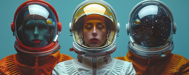 Actors wearing cheesy sci fi costumes from outer space for a retro science fiction television show or movie. Big makeup, helmet, space suit.