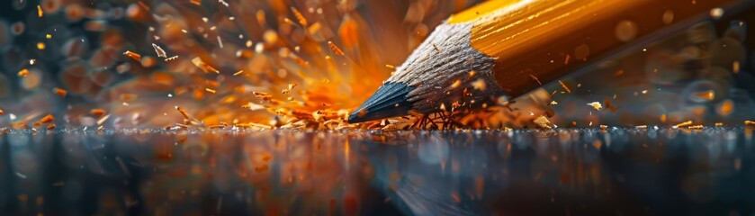 Amazing closeup of pencil tip writing on wet paper with sparks