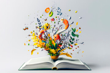 The open book bursts with a colorful fountain of various plots, stories, and interesting concepts, bringing pleasure and unforgettable impressions from reading. Generative AI.