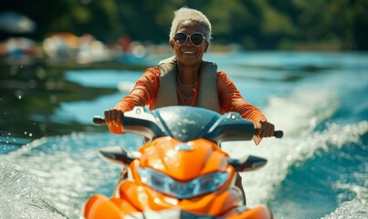 Mature black woman riding fast on a jet ski on lake water. Elderly people having fun outside in the summer.