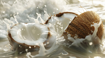 Splashes of coconut water from broken coconuts. Coconut products for food and cosmetics. Horizontal background of ripe coconut fruits