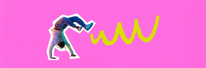 Banner. Contemporary art collage. Young guy in casual attire expresses himself in dancing in modern style. Concept of carefree, music rhythm, party, disco. Trendy magazine style. Ad