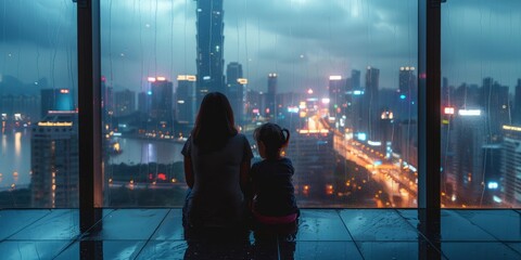 Silhouette of a mother and her daughter sitting by the window of a skyscraper taking in the view of...