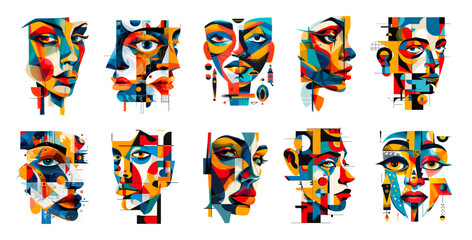 Abstract geometric faces, man woman doodle face geometry shape art portrait head for modern poster or trendy print abstraction minimalist surreal artwork set vector illustration