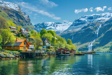Naklejka premium A woman sits in a boat amidst a body of water, surrounded by mountains with snow-capped peaks in the distance