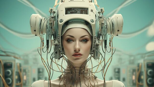 sequence of space age retro female robots with TV screen, headphones and helmets made with AI