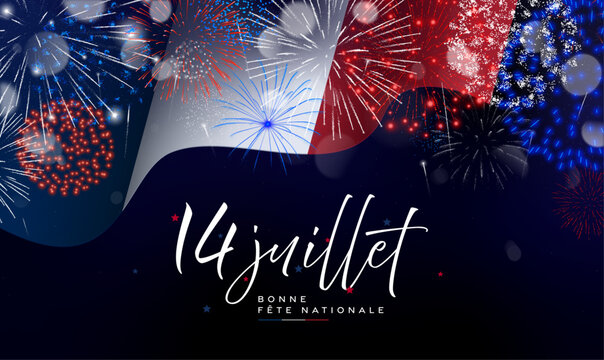 14 juillet, f&ecirc;te nationale fran&ccedil;aise, drapeau et feu d'artifice
