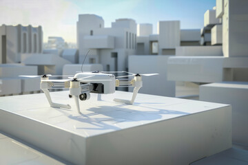 A sleek white drone landed on a white podium amidst a backdrop of urban architecture, epitomizing modernity and technological sophistication. Generative AI.