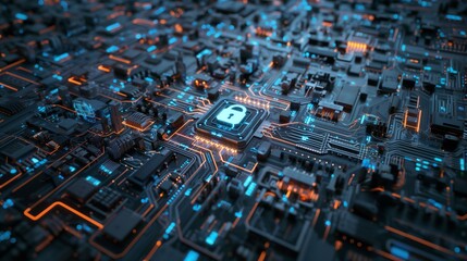 Detailed image of a futuristic circuit board with a glowing lock icon signifying security.