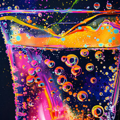 Neon Bright Liquid and Bubbles in Glass