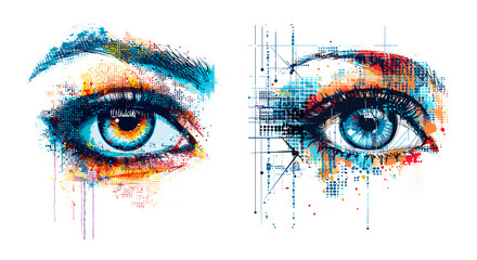 Abstract human eye, woman watercolor eyes or digital futuristic eyesight concept, eyeball look mosaic pixel elements surveillance vision technology vector illustration - 799935545
