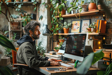 Obraz premium remote work concept. work from home. a man works on a laptop in the comfort of his home. online conference.