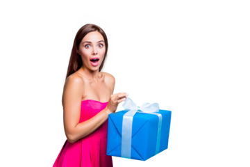 It's absolutely free! Close up studio photo portrait of amazed wondered astonished crazy mad with pop eyes lady opening giftbox in hands isolated on bright vivid background
