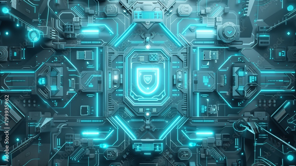 Canvas Prints Intricate futuristic digital circuit board background in cool blue and teal tones, featuring a central shield symbol.