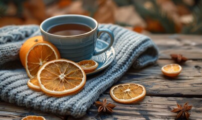 Cup of tea and slices of dried orange, autumn