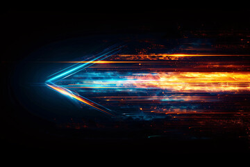 Futuristic abstract arrow with neon light streaks on a dark background