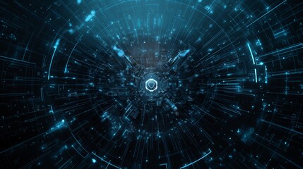 Fototapeta premium Futuristic blue digital tunnel with glowing circuit patterns and a bright central core.