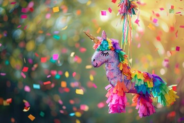 A brightly colored unicorn-shaped piñata adorned with a rainbow of tissue paper fringe hangs from a holiday party.  Perfect for holiday themes, birthdays.