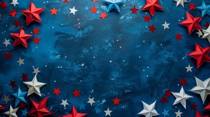 Patriotic red, white, and blue paper stars scattered on a textured blue background.