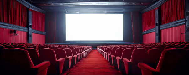 salle de cinéma vide, vue de l'écran blanc depuis le centre de la salle