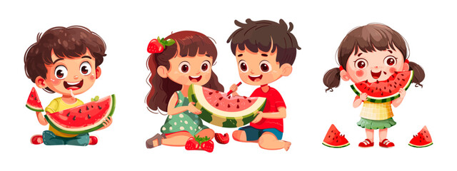Cartoon childs eat watermelon, kid boy and girl eating juicy sweet fruit berry, couple happy kids funny children enjoy watermelons slice on summer picnic set vector illustration
