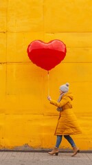 Senior woman running with heart shaped balloon in front of yellow wa