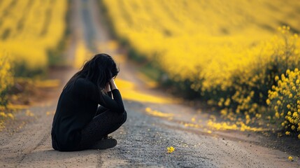  Smutna dziewczyna siedząca blisko pola z rzepakiem - obrazy, fototapety, plakaty