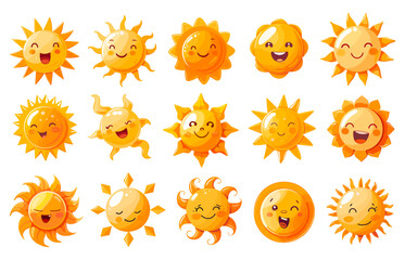 Cartoon cute suns icons, funny smile sun character face comic sunshine happy emotion sunlight solar weather set isolated vector illustration - 799936572
