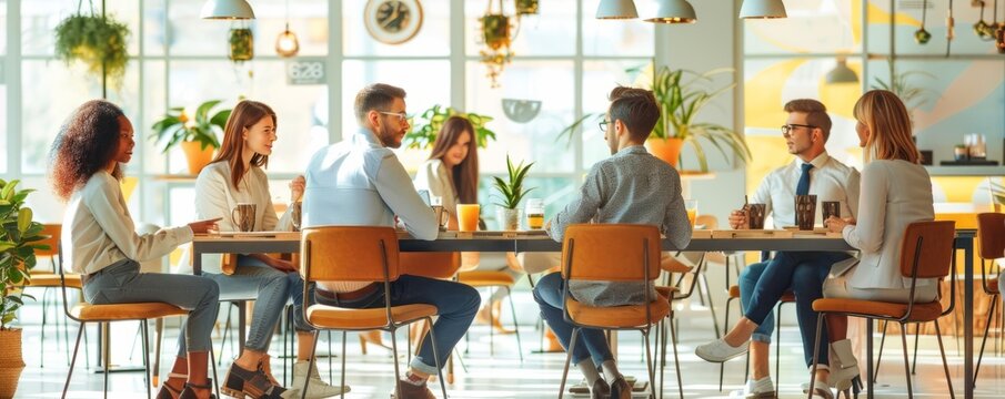 Diverse group of business coworkers having a meeting in a cafe or bar