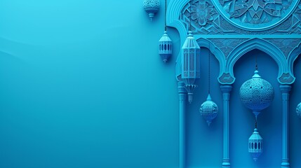 Elegant blue monochrome Islamic arches and ornamental lanterns designed in intricate patterns.