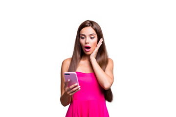 Young straight-haired sweet tender brunette amazed girl with long hair, opened mouth, wearing pink top, reading sms in phone, showing omg gesture. Isolated over bright vivid teal turquoise background
