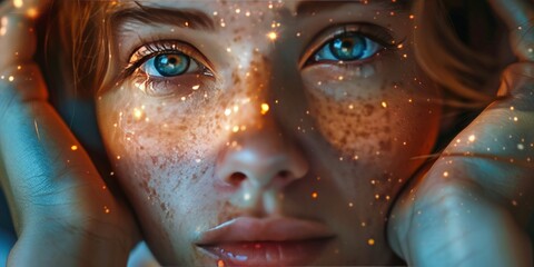Young woman with galaxy reflected on her looking at camera