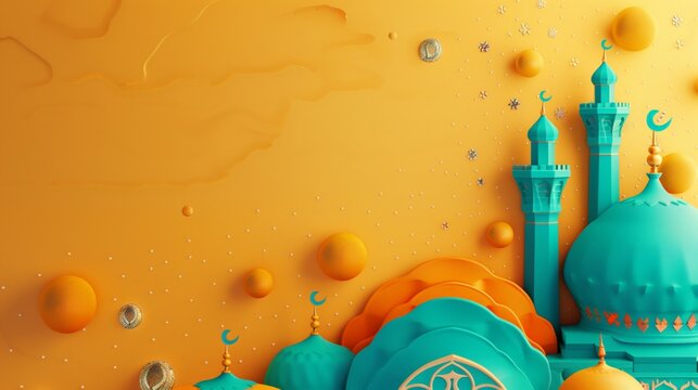 Vibrant Ramadan banner image featuring teal and orange mosque silhouettes on a sparkling orange background.