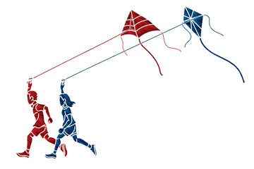 Boy and Girl Running Fly a Kite Children Playing Together Cartoon Graphic Vector