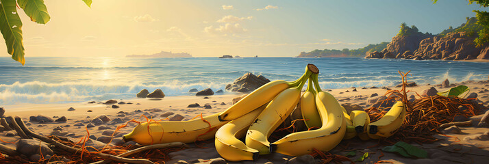 A banana peel lying on the beach, with a few bananas nearby, and a palm tree leaning in, as if...