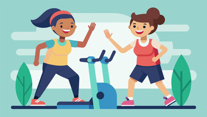 A pair of friends finishing up a sweaty cardio session on the elliptical discussing their upcoming weekend plans and supporting each others choices.. Vector illustration