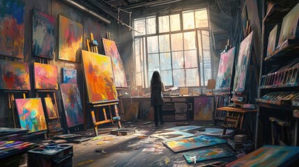 A painter stands back to ponder the progress of a vibrant abstract painting in a bright, art-filled studio. AIG41
