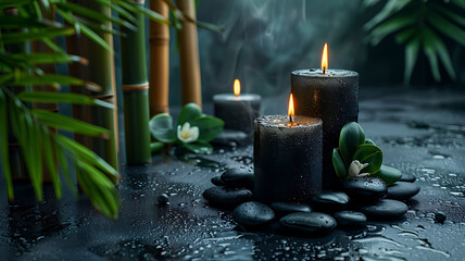 relaxing image with black candles and bamboo canes with copyspace