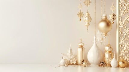 Fototapeta premium Elegant golden Christmas decorations and ornaments on a soft cream background with pine cones and festive elements.