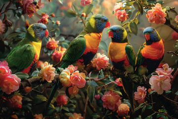 A group of colorful lorikeets feeding on blossoms in a tropical garden, their rainbow-colored plumage a dazzling sight.