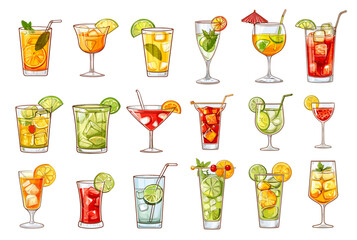 Cartoon summer cocktails, alcohol or nonalcohol refreshment drinks with straw lemon mint lime ice cocktail party bar menu set vector illustration - 799937368