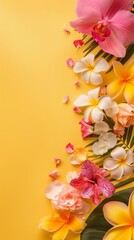 web banner design for spring and summer season festival concept from minimal flat lay tropical flower with orchid ,rose decorate on pastel yellow background for songkran ceremony of thailand