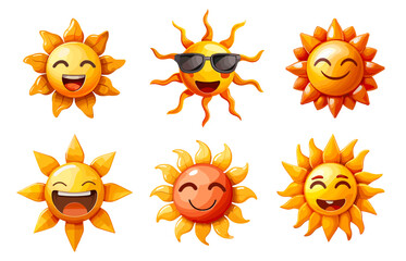 Cartoon sun emoji. Sunny 3d fun emoticon, smiling lol happy mascot emotion in sunglasses, hot weather smile face expression shiny avatar sticker set isolated vector illustration - 799937592