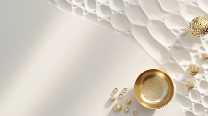 Luxurious image featuring a golden bowl and decorative spheres on an abstract white and textured background.