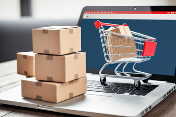 cart with boxes on laptop online store illustration 