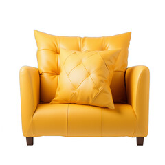 Modern yellow leather armchair with a matching throw pillow isolated on white background