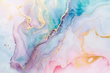 A soft liquid watercolor style texture with pink and blue colors and golden strokes on it.