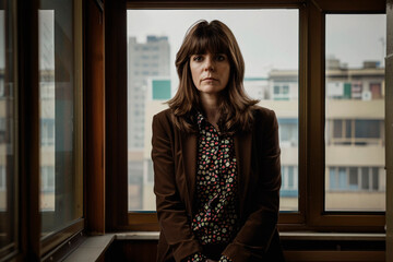 A contemplative woman stands by a window, the cityscape behind her, epitomizing introspection and urban life challenges