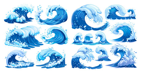 Cartoon waves, ocean wave splash motion sea storm tide for surf, swirl curve blue water liquid flow with wet foam aqua splashing set vector illustration - 799937966